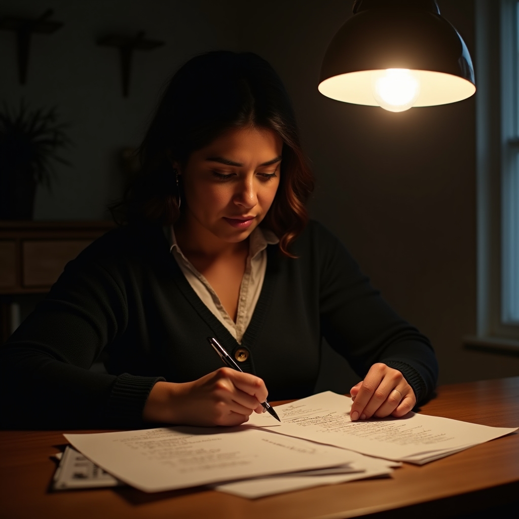 Woman reviewing handwritten budget notes under warm lamp light