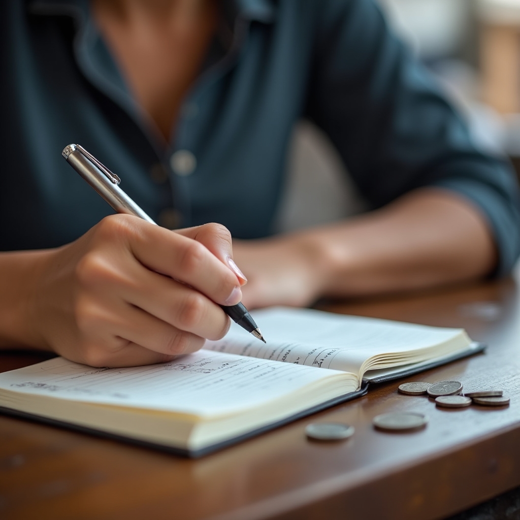 Person writing in a small notebook at a market stall