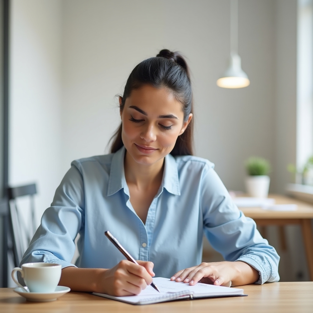 Person organizing finances on a notebook at a desk