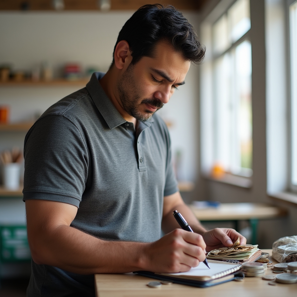 Street vendor counting cash and writing in a notebook