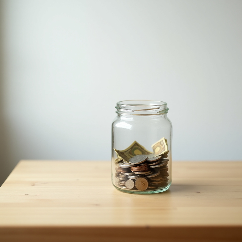 Small savings jar on a simple wooden table with coins